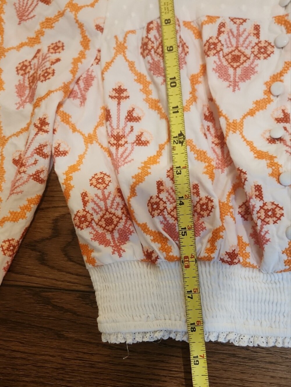 White Cropped Peasant Top with Pink And Orange Floral Print - Picture 8 of 11